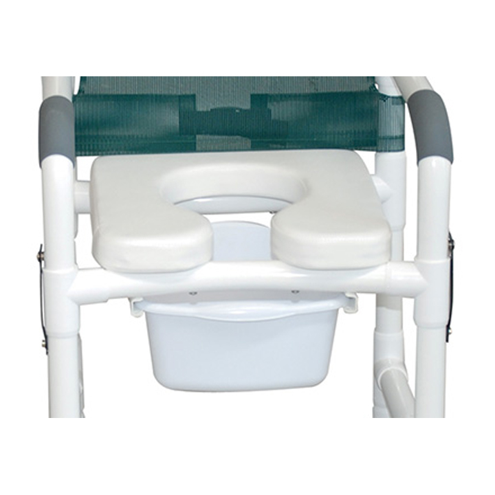 MJM International Reclining shower chair with deluxe elongated open-front soft seat, footrest, padded elevated leg extension, 325 lbs weight capacity Available in Michigan USA Healthcare DME Offering free shipping all 50 states of united states.