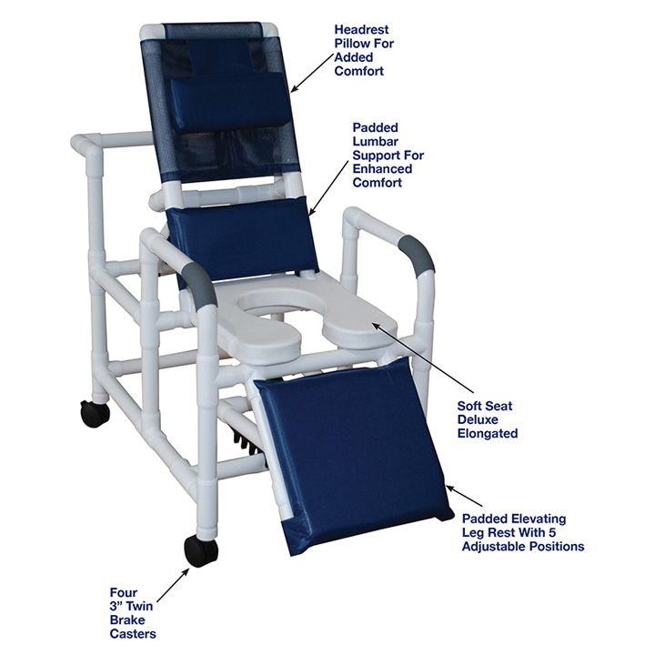 MJM International Reclining shower chair with open front soft seat, 10 qt slide-out commode pail and elevated leg extension, 325 lbs weight capacity Available in Michigan USA Healthcare DME Offering free shipping all 50 states of united states.