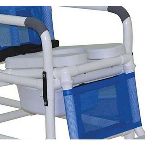 MJM International Reclining shower chair with open front soft seat, 10 qt slide-out commode pail and elevated leg extension, 325 lbs weight capacity Available in Michigan USA Healthcare DME Offering free shipping all 50 states of united states.