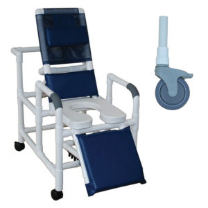 MJM International Reclining shower chair with open front soft seat and elevated leg extension, 5" Total Lock casters, 325 lbs weight capacity Available in Michigan USA Healthcare DME Offering free shipping all 50 states of united states.