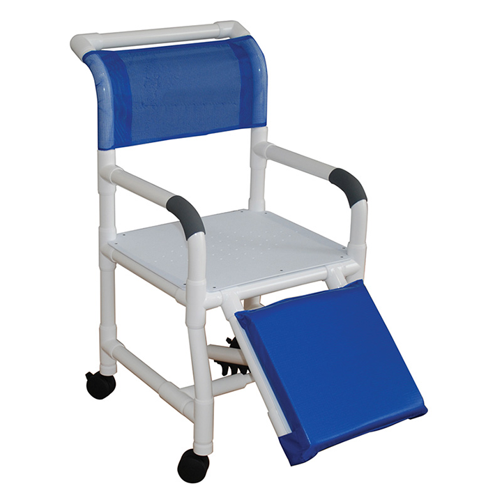 MJM International Wide shower chair 26" internal width, no bar in back for UNI-LATERAL OR BI-LATERAL BELOW KNEE AMPUTEE, with flat-stock seat, 4" twin casters, 425 lbs weight capacity Available in Michigan USA Healthcare DME Offering free shipping all 50 states of united states.
