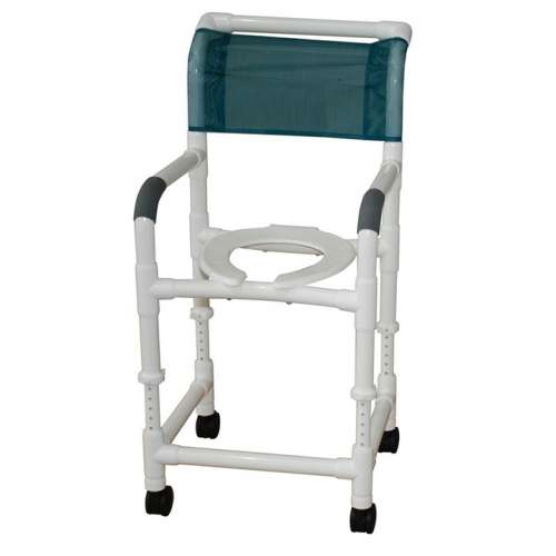 MJM International Wide shower chair 26" internal width, open front seat, adjustable height, 4" twin casters, 10 qt. slide out commode pail, no bar in the back, 425 lbs weight capacity Available in Michigan USA Healthcare DME Offering free shipping all 50 states of united states.