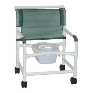 MJM International Wide shower chair 26" internal width, open front seat, 3" total lock casters, 10 qt. slide out commode pail, no bar in the back, 425 lbs weight capacity Available in Michigan USA Healthcare DME Offering free shipping all 50 states of united states.