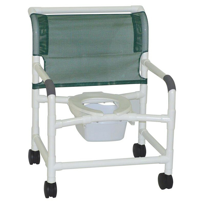 MJM International Wide shower chair 26" internal width, open front seat, adjustable height, 4" twin casters, 10 qt. slide out commode pail, no bar in the back, 425 lbs weight capacity Available in Michigan USA Healthcare DME Offering free shipping all 50 states of united states.