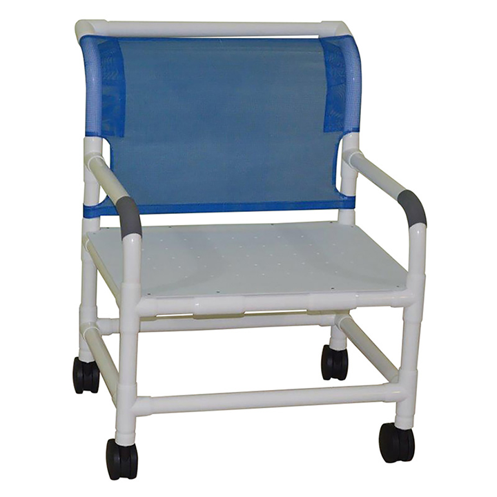 MJM International Wide shower chair 26" internal width, 4" twin casters, no bar in back, flat-stock seat w/drain holes, 425 lbs weight capacity Available in Michigan USA Healthcare DME Offering free shipping all 50 states of united states.