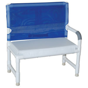 MJM International Shower bench with adjustable height legs on one side (full-back with mesh sling) 250 lbs weight capacity Available in Michigan USA Healthcare DME Offering free shipping all 50 states of united states.