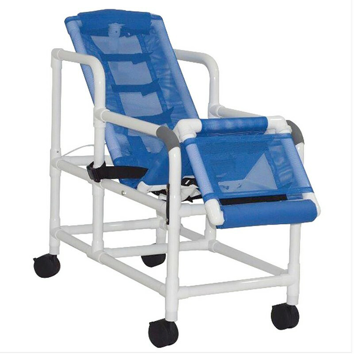 MJM International Tilt shower chair with sling seat, buckle safety belt, dual swing away armrests, leg rest, head support, 250 lbs weight capacity Available in Michigan USA Healthcare DME Offering free shipping all 50 states of united states.