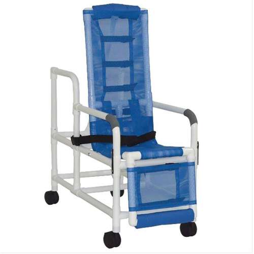 MJM International Tilt shower chair with sling seat, buckle safety belt, dual swing away armrests, leg rest, head support, 250 lbs weight capacity Available in Michigan USA Healthcare DME Offering free shipping all 50 states of united states.