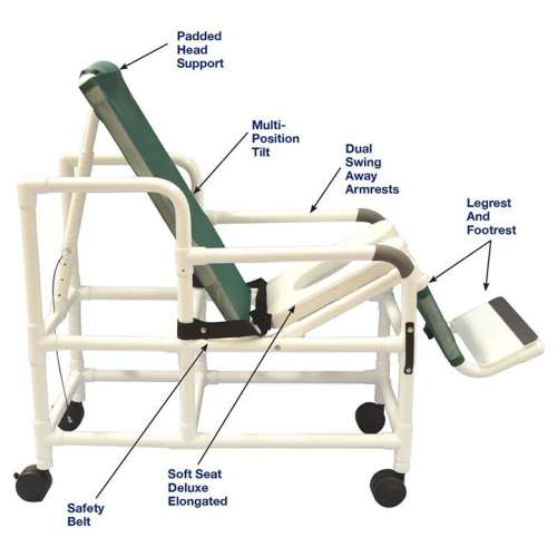 MJM International Tilt shower chair with open front soft seat, buckle safety belt, double drop arms and 5" heavy-duty casters, 250 lbs weight capacity Available in Michigan USA Healthcare DME Offering free shipping all 50 states of united states.