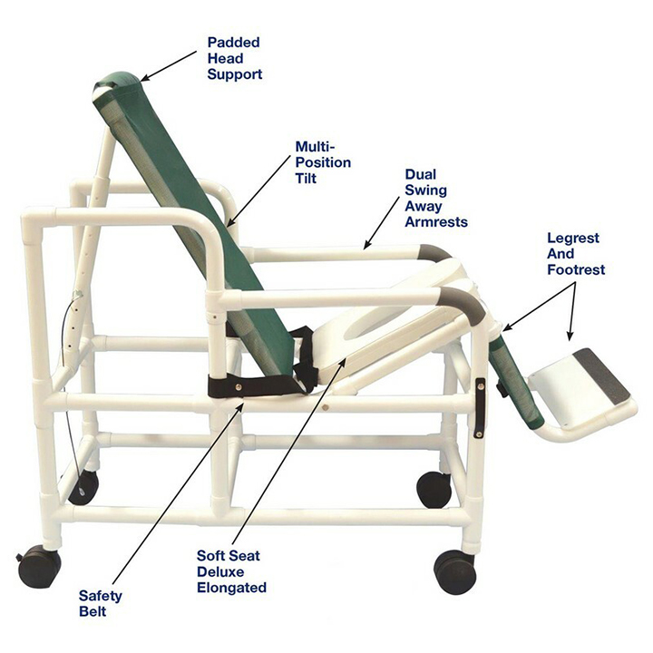 MJM International Tilt shower chair with open front soft seat, buckle safety belt, double drop arms and 5" heavy-duty casters, 250 lbs weight capacity Available in Michigan USA Healthcare DME Offering free shipping all 50 states of united states.