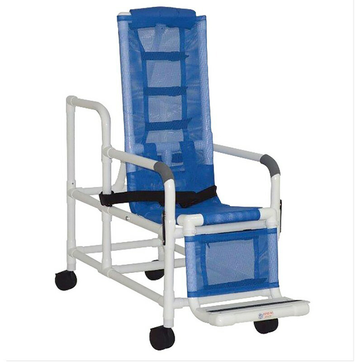 MJM International Tilt shower chair with sling seat, buckle safety belt, dual swing away armrests, footrest, 250 lbs weight capacity Available in Michigan USA Healthcare DME Offering free shipping all 50 states of united states.