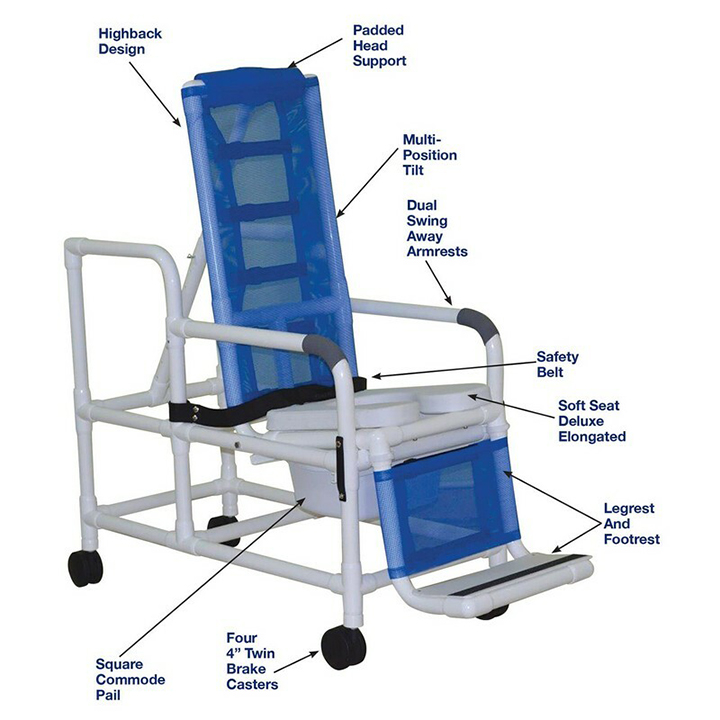 MJM International Tilt shower chair with open front soft seat, buckle safety belt and double drop arms, 10 qt slide-out commode pail, 250 lbs weight capacity Available in Michigan USA Healthcare DME Offering free shipping all 50 states of united states.