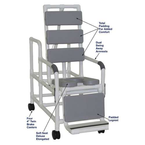 MJM International Tilt shower chair with open front soft seat, TOTAL PADDING BLUE, BLACK, GRAY & RED buckle safety belt and double drop arms, 250 lbs weight capacity Available in Michigan USA Healthcare DME Offering free shipping all 50 states of the united states.