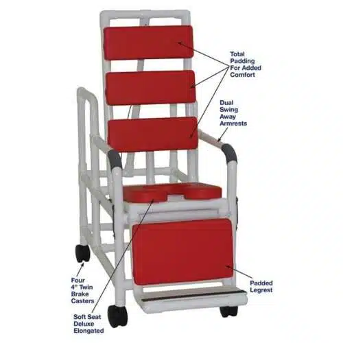 MJM International Tilt shower chair with open front soft seat, TOTAL PADDING BLUE, BLACK, GRAY & RED buckle safety belt and double drop arms, 250 lbs weight capacity Available in Michigan USA Healthcare DME Offering free shipping all 50 states of the united states.