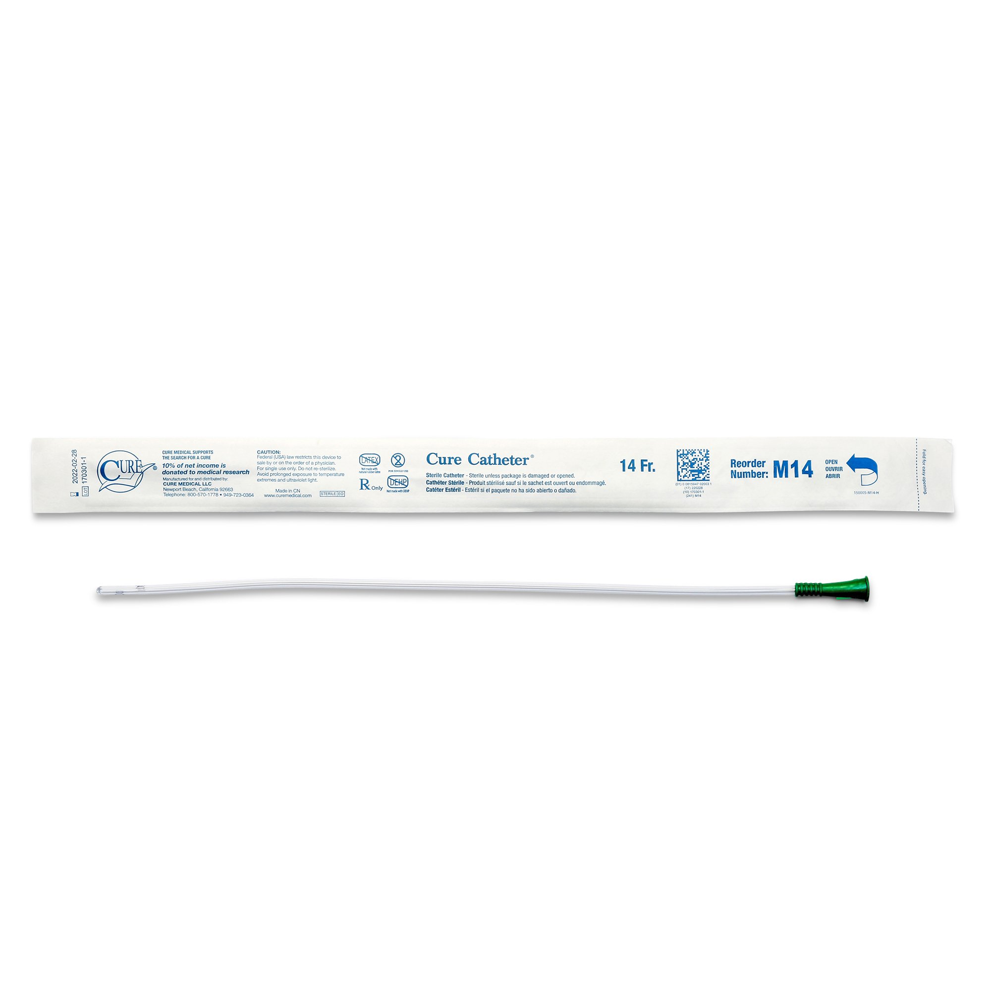 Cure Ultra® 14 Fr urethral catheter with straight tip, pre-lubricated PVC, 16-inch length for easy, comfortable catheterization.