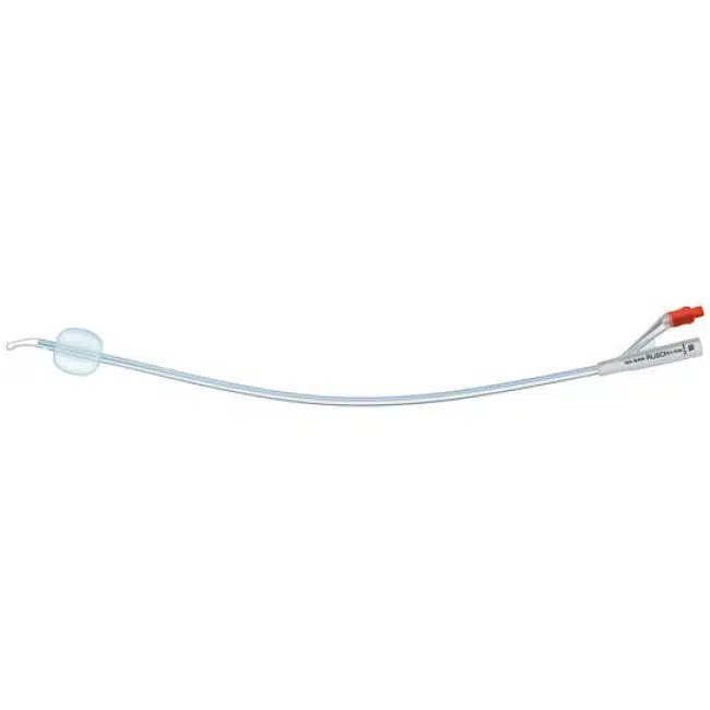 Foley Catheter Rusch 12 Fr, 2-Way Coude Tip with 5 cc balloon, 100% silicone for comfort and reliable drainage.