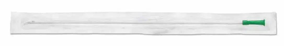Apogee IC urethral catheter, 18 Fr, 16 inch, firm uncoated PVC with coude tip for reliable urinary drainage.